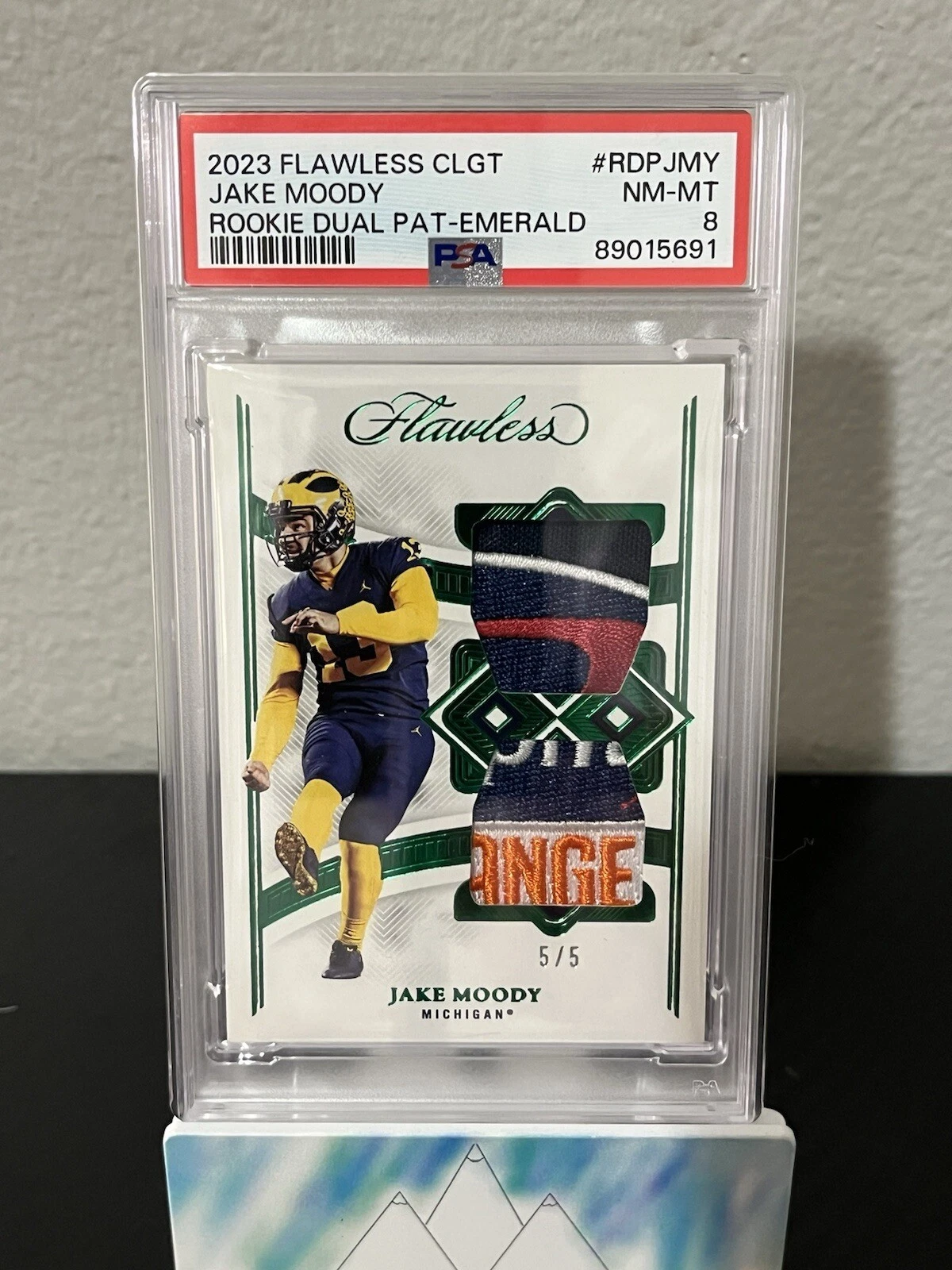 Jake Moody Panini Flawless Collegiate Rookie Dual Patches #RDPJMY Emerald