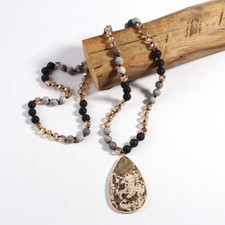 Boho Pendant Necklace Natural Brown Stone Beads Long Chain Women Girls Gift New
