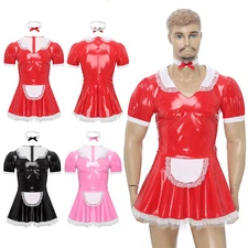 Mens French Maid Cosplay Costume Shiny A-Line Dress Halloween Sissy Uniform