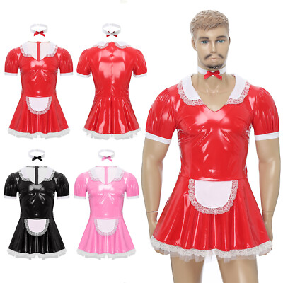 Mens Dress Maid Underwear With Neck Ring Clubwear Short Sleeve Uniform Sissy