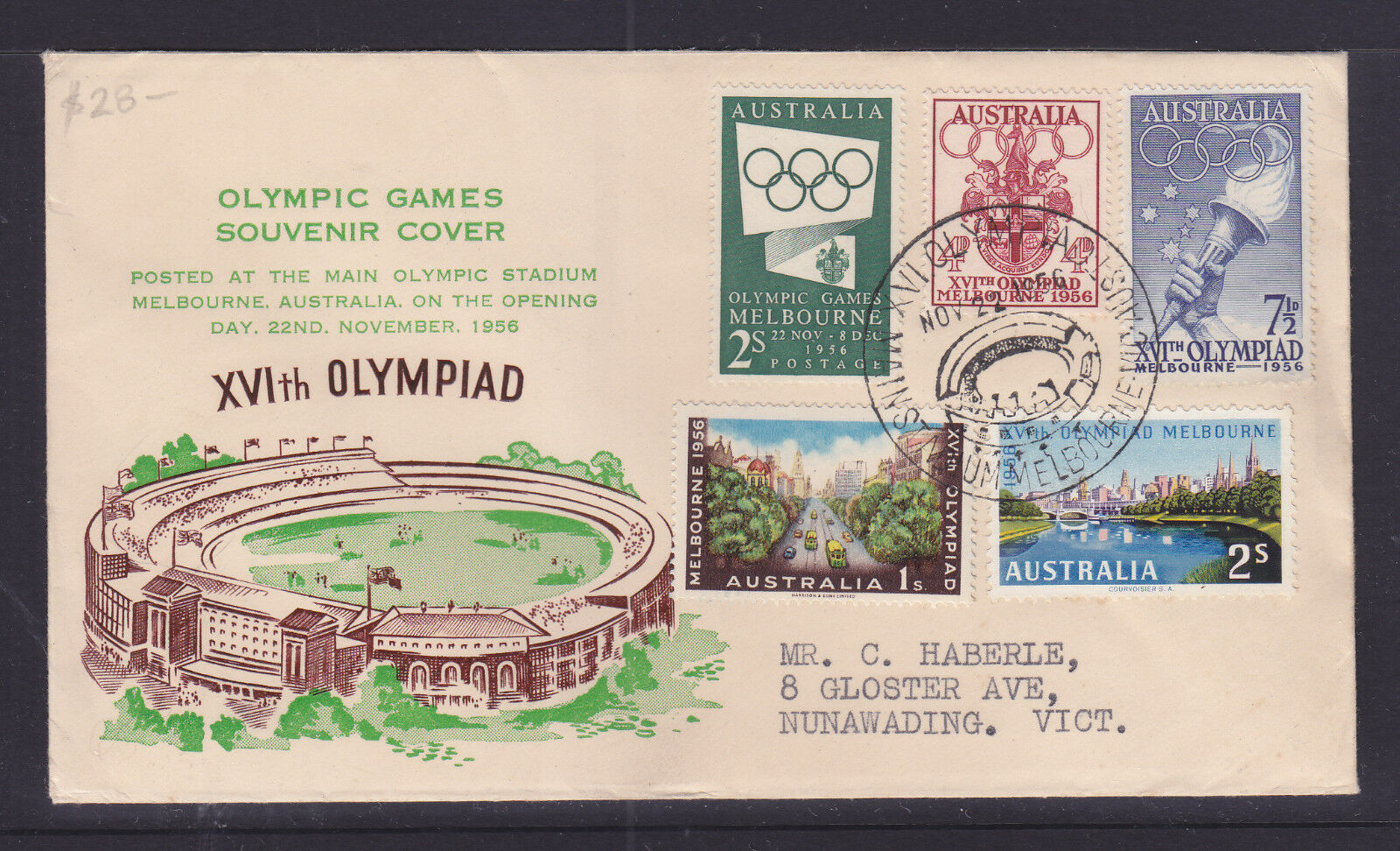 SOUVENIR COVER. 1956 OLYMPICS WITH THE STADIUM CANCEL, POSTED ON