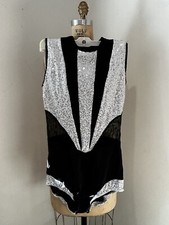 Dance /Gymnastics leotard black Silver Sequins mesh Panel Sleeveless Large