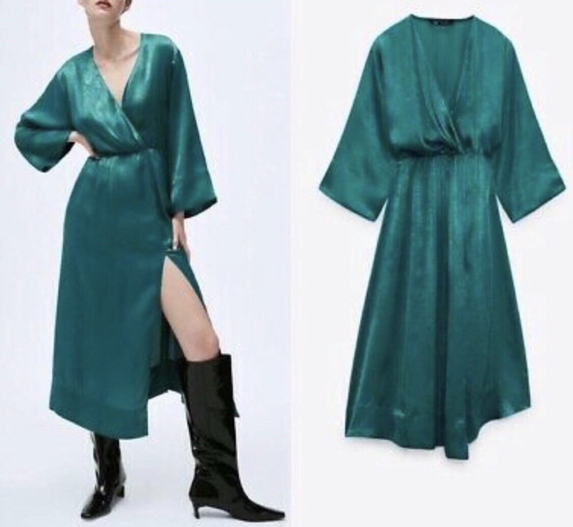 RARE NWT ZARA SS21 SATIN EFFECT MIDI DRESS Duck green 8990/608 thumbnail 6