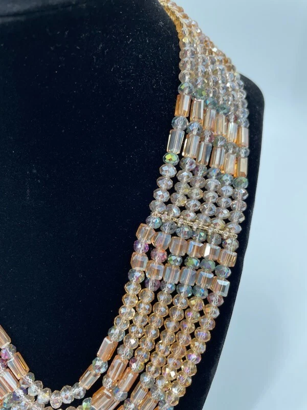 Vintage Womens Gold Tone Multi Strand Amber Gray Glass Bead Collar Necklace - Image 2 of 4