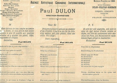 Circa 1900. Artistic Agency. Dulon. Bordeaux. Cirque. Music Hall. Varieties. RR