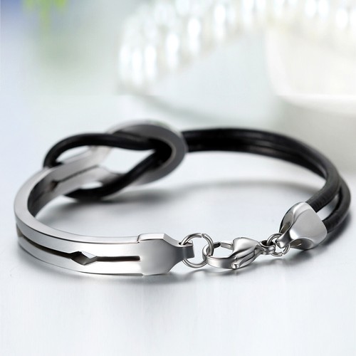 Men's Women's Stainless Steel Love Infinity Buckle Leather Bracelet Cuff Bangle - Picture 4 of 9