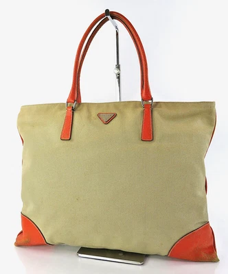 Authentique sac à main fourre-tout en toile beige et cuir orange PRADA #60959 - Photo 1/4
