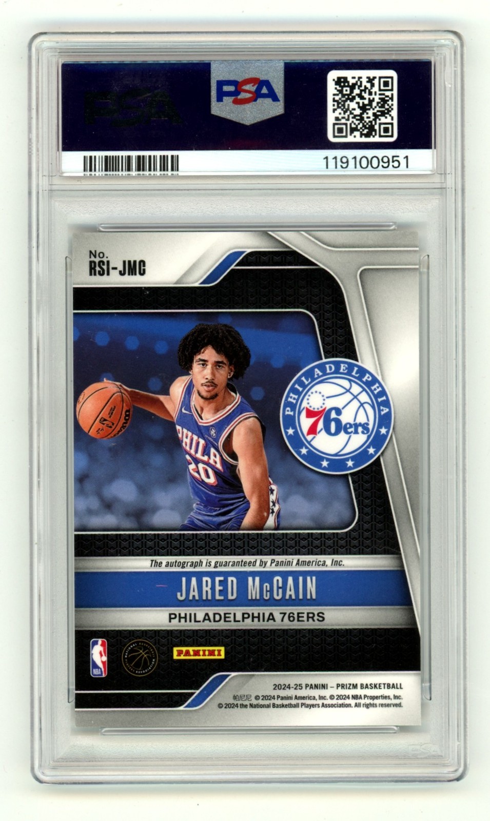 Jared McCain 2024-25 Panini Prizm Rookie Signature Auto PSA 9 MINT RC 76ers view 2
