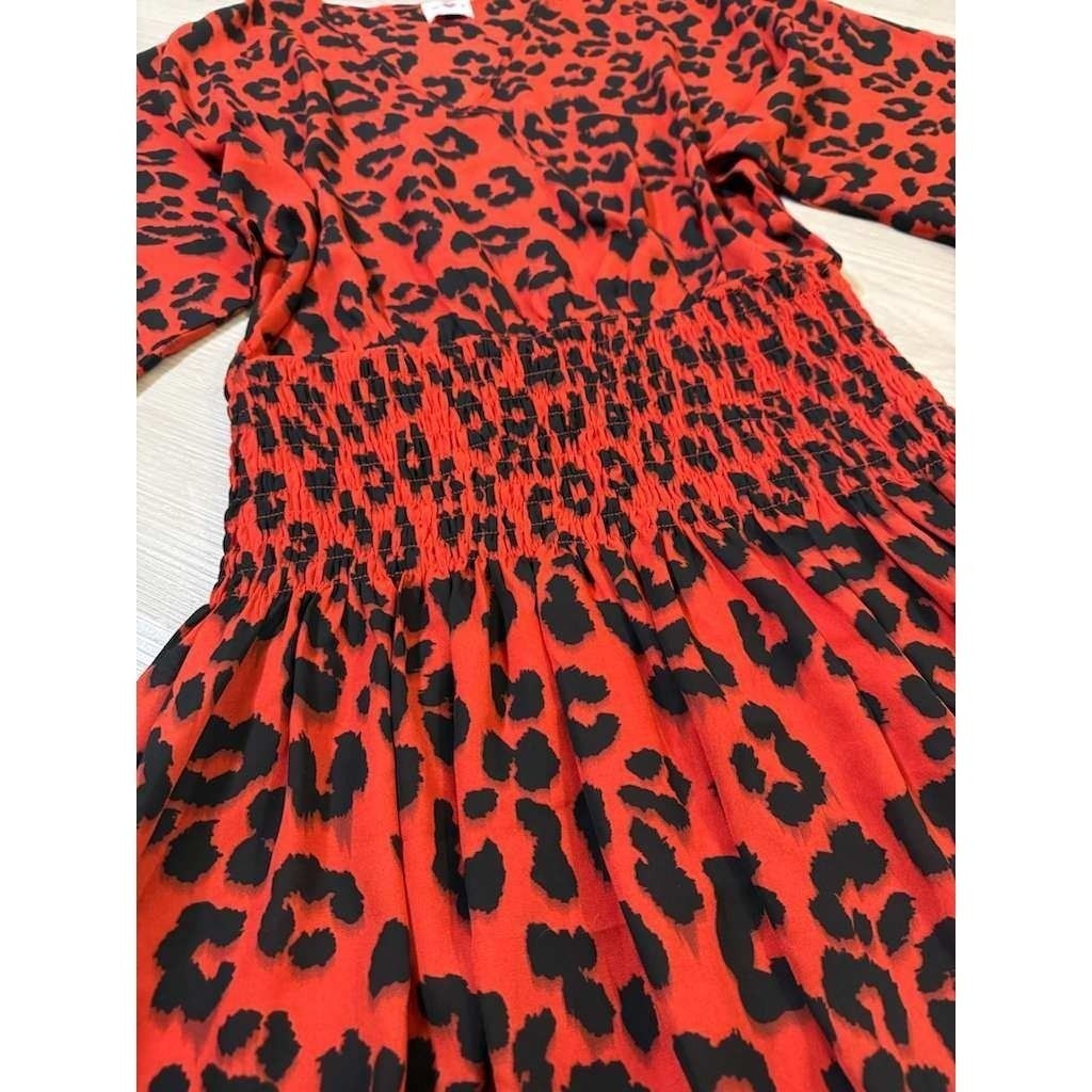 Buddy Love Red Black Leopard Print Smocked Waist Midi Dress Womens Size Medium