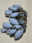Vintage Prong Set Milk Glass Blue AB Rhinestone Clip Earrings Silver Tone