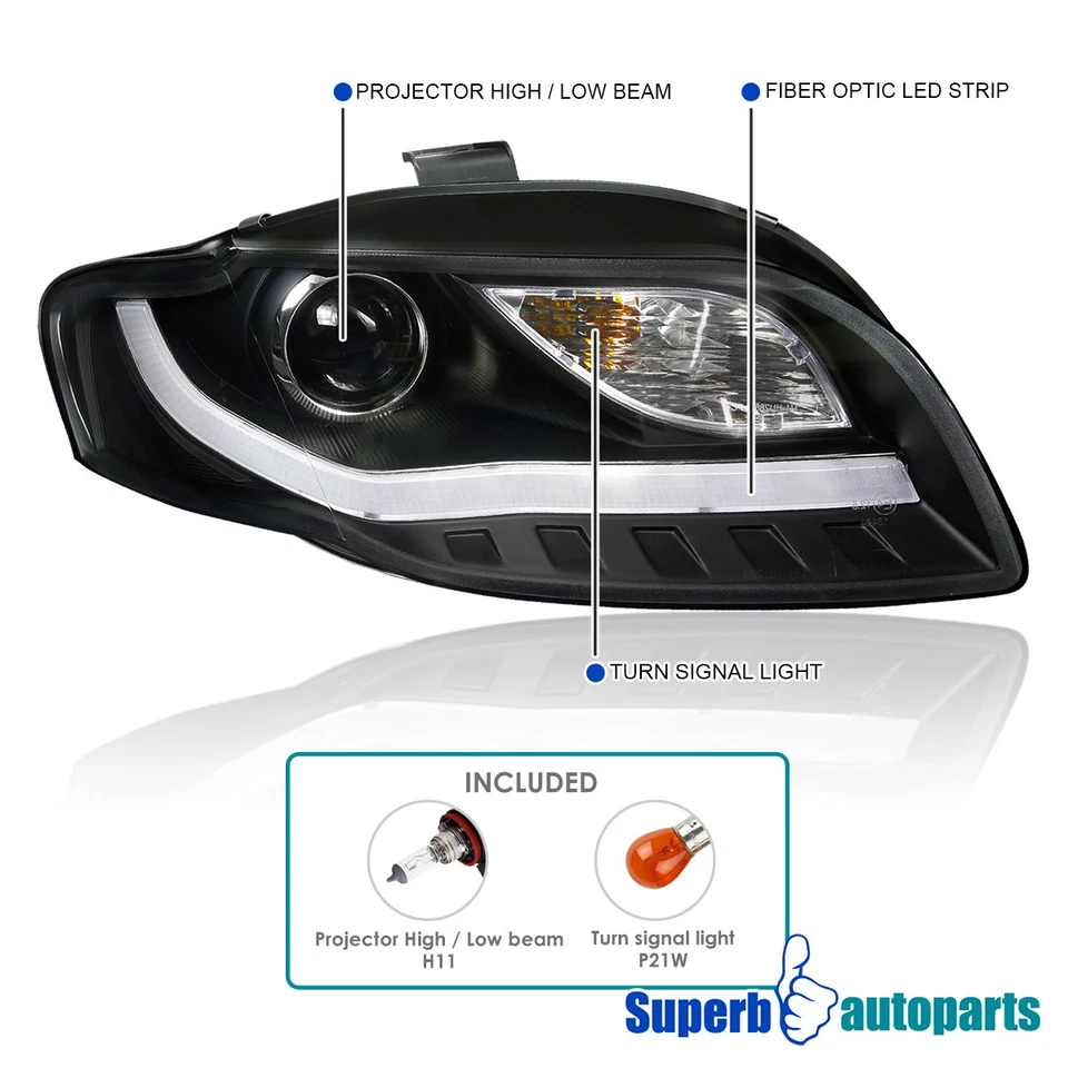 Fits 2005-2008 Audi 06-08 A4 Black Projector Headlights W/ BMW Style LED Strip Foto 4 de 4