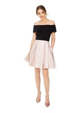 BETSY  ADAM Womens Black Satin Short Sleeve Short Party Fit  Flare Dress 2