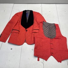 YFFUSHI Suit Mens XS Red Floral Velvet Tuxedo 2 Piece Jacket Vest Formal Wedding
