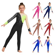 DE Mädchen Turnanzug Langarm Ganzkörper Trikot Glitzer Patchwork Body Ganzanzug