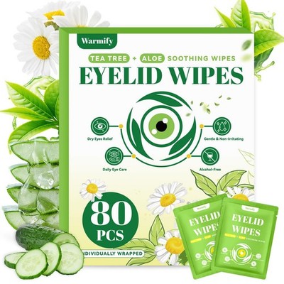80 Pcs Tea Tree Oil Eyelid Wipes, Individually Wrapped Eye Lid Cleansing Wipe...