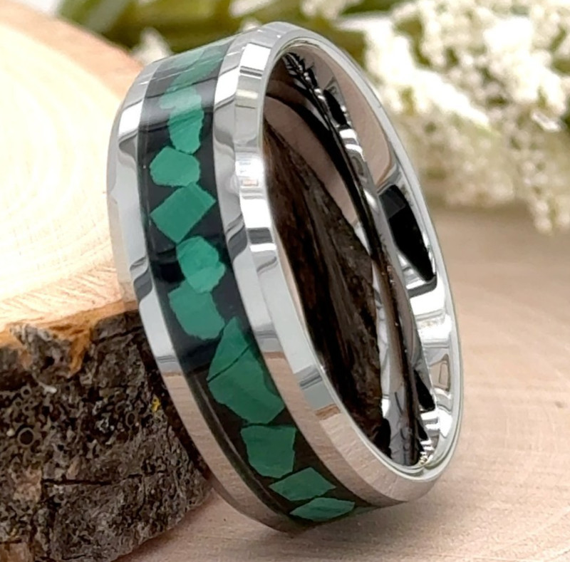 Unisex 8mm Silver Tungsten Ring | Stylish green Stone Inlay Engraved Comfort Fit