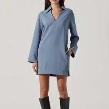 ASTR the Label Collar Long Sleeve Shift Dress Womens Large Retro Minimalist Blue