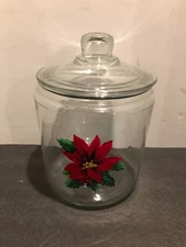 Anchor Hocking Glass Poinsettia Storage Cannister Cookie Jar With Lid