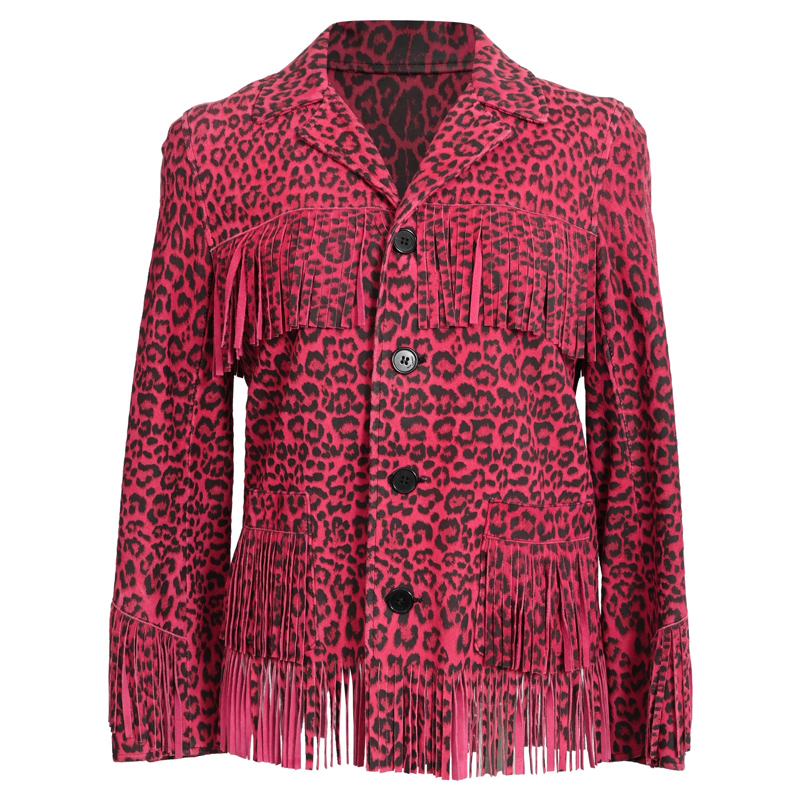 Saint Laurent Leopard-Print Fringed Jacket In Goat Leather Women Pink Size 34