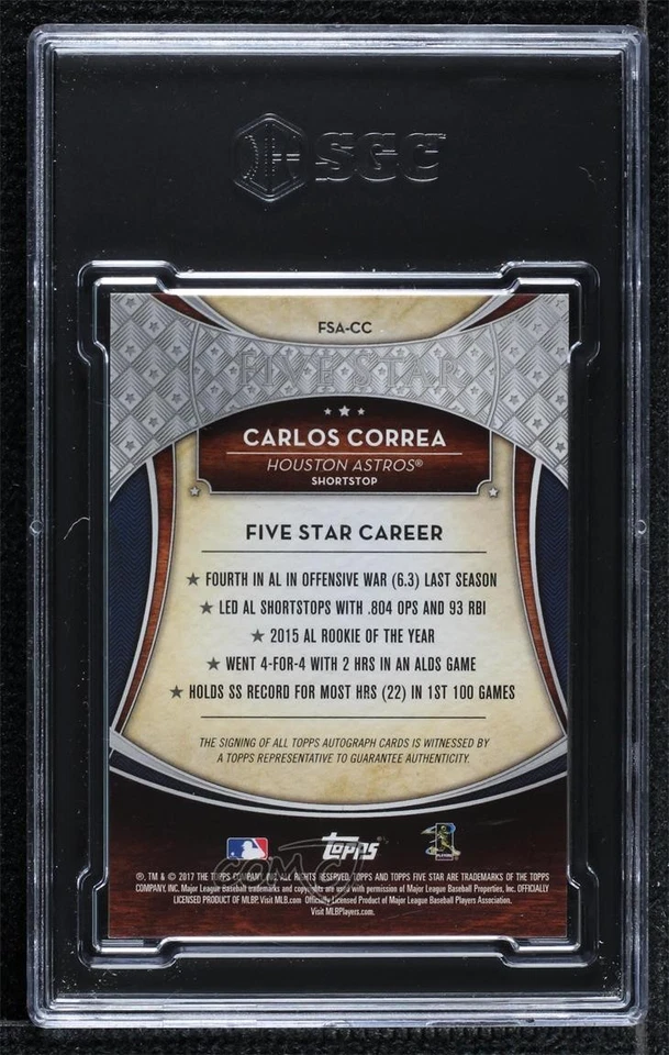 2017 Topps Five Star Orange /5 Carlos Correa #FSA-CC SGC 9 MINT Auto - Image 2 of 2