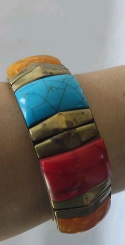 Chunky Statement Bangle Bracelet With Colorful Stones And Brass