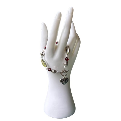 Bracciale Charm Tono Argento Insegnante Ispira Parole Cuore Perle Finte Perline Rosse - Foto 2 di 7