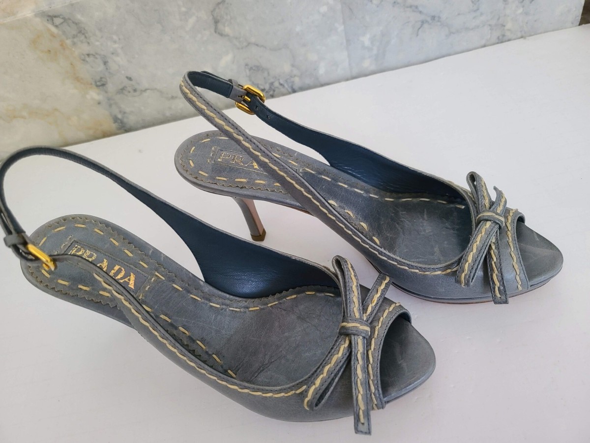 NEW PRADA Blue Leather Heels Straps peep toe with bow accent