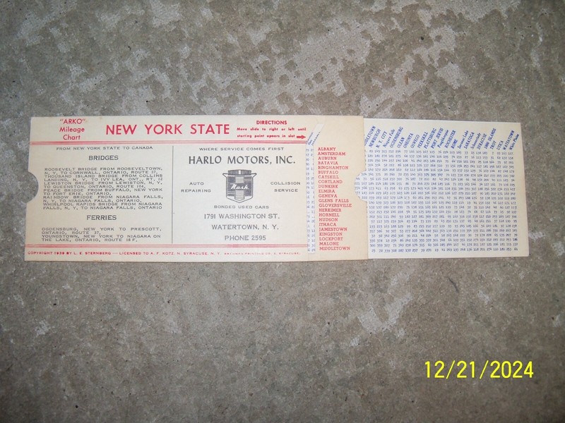 1939 NYS chart of distances between cities with NASH advertising