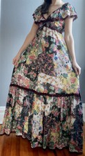 VTG 1970S MIXED PATCHWORK PRINT FLORAL BOHO HIPPIE MAXI DRESS W LACE