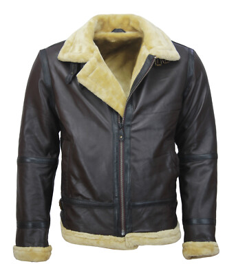 Mens B3 Bomber Fur Collar Aviator Brown Leather Jacket RAF Flight Pilot Outerwea
