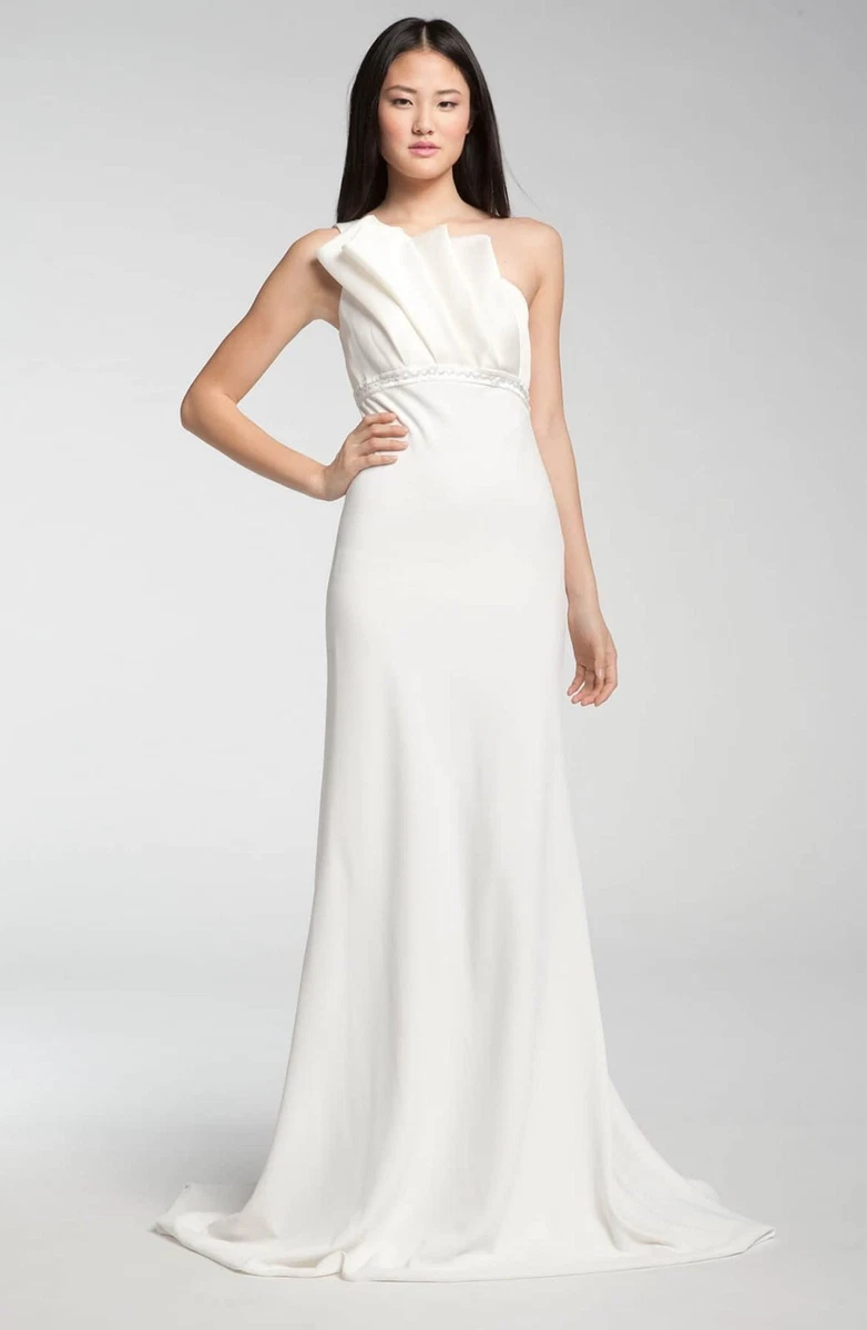 strapless open back dress XSCAPE One-Shoulder Ruffle-Trim Velvet Gown  DGFOutlet