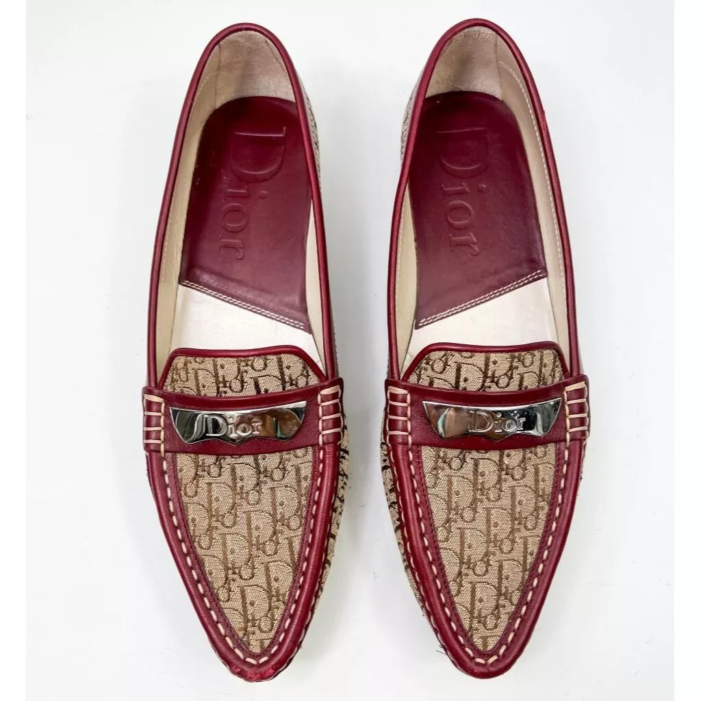 Mocassins en cuir toile beige Dior et peau d'agneau rouge Christian DIOR taille 38,5