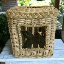 Vtg Woven Wicker~Rattan Ivory Cube Tissue Box Cover Holder~Leaves