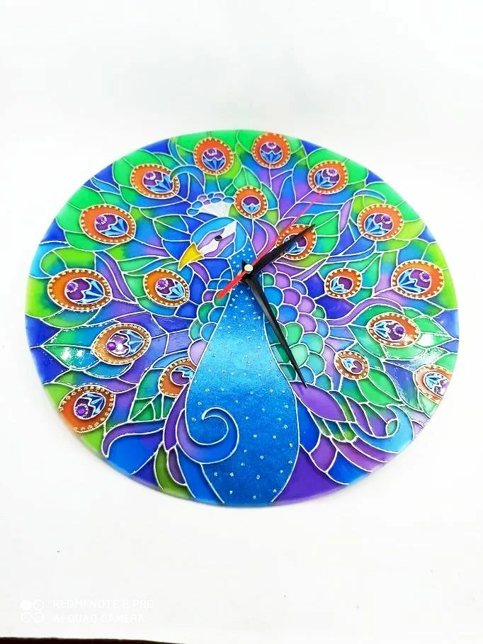 Handpainted stained glass wall clock peacock /Blue Bird Home Decoration - Image 2 of 4