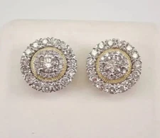 1.5 Ct Round Cut Real Moissanite Cluster Stud Earrings 14K Yellow Gold Plated