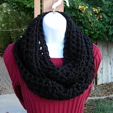 Solid Black INFINITY LOOP SCARF Handmade Crochet Wool Acrylic Winter Circle Cowl