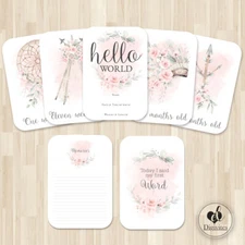 Baby Girl Milestone Cards, Floral Boho Tribal Photo props, 40 cards, 300gsm