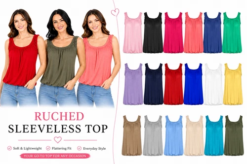 NEW LADIES JERSEY BUBBLE VEST WOMEN RUCHED STRETCH ELASTIC NECK HEM BALLOON TOP - Picture 1 of 20
