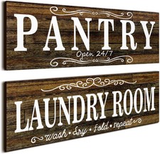 Jetec 2 Pcs Pantry Sign Wooden Laundry Room Signs Wall Decor Farmhouse Brown