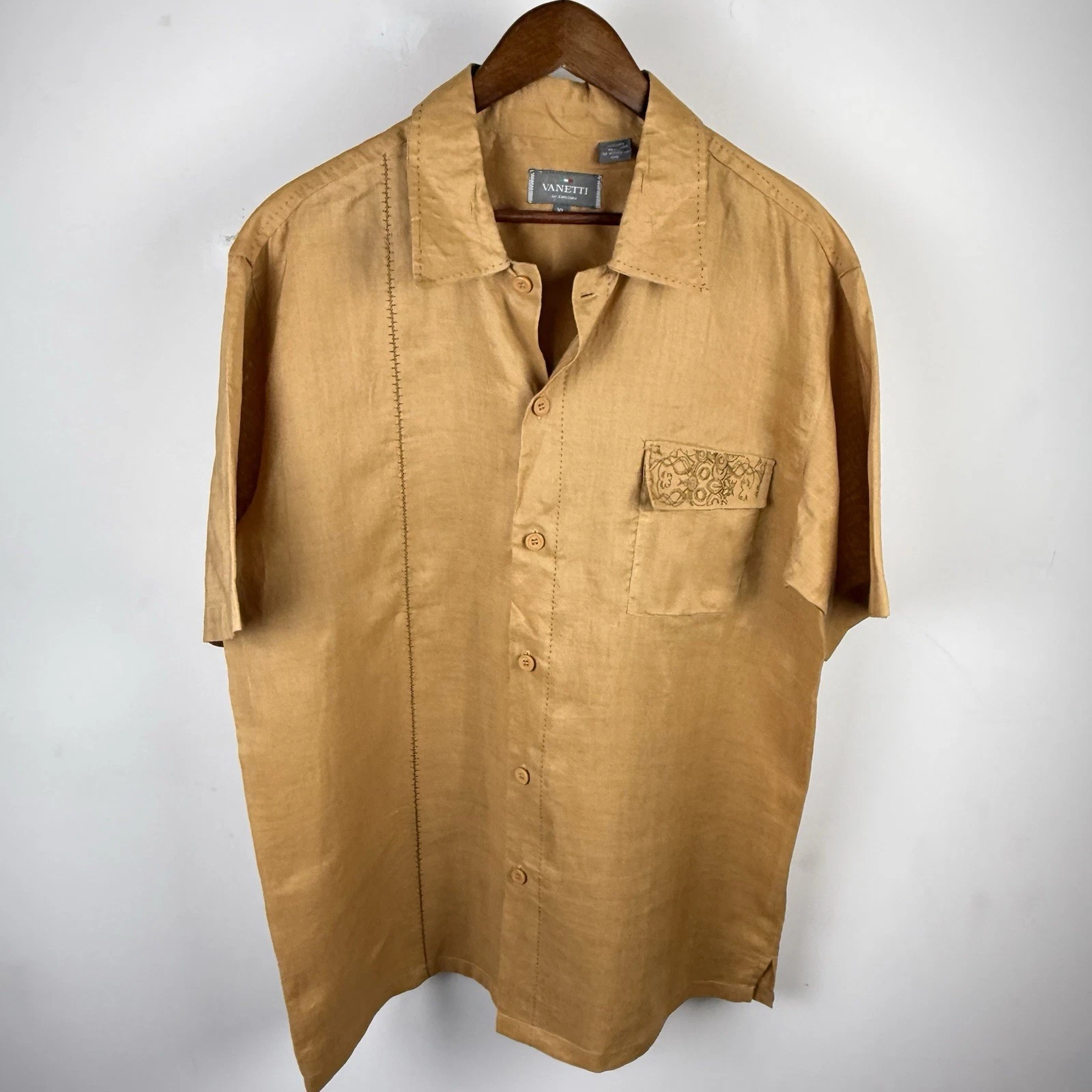Vanetti Le Collezioni 100% Linen Short Sleeve Button Front Shirt Mens XL Tan