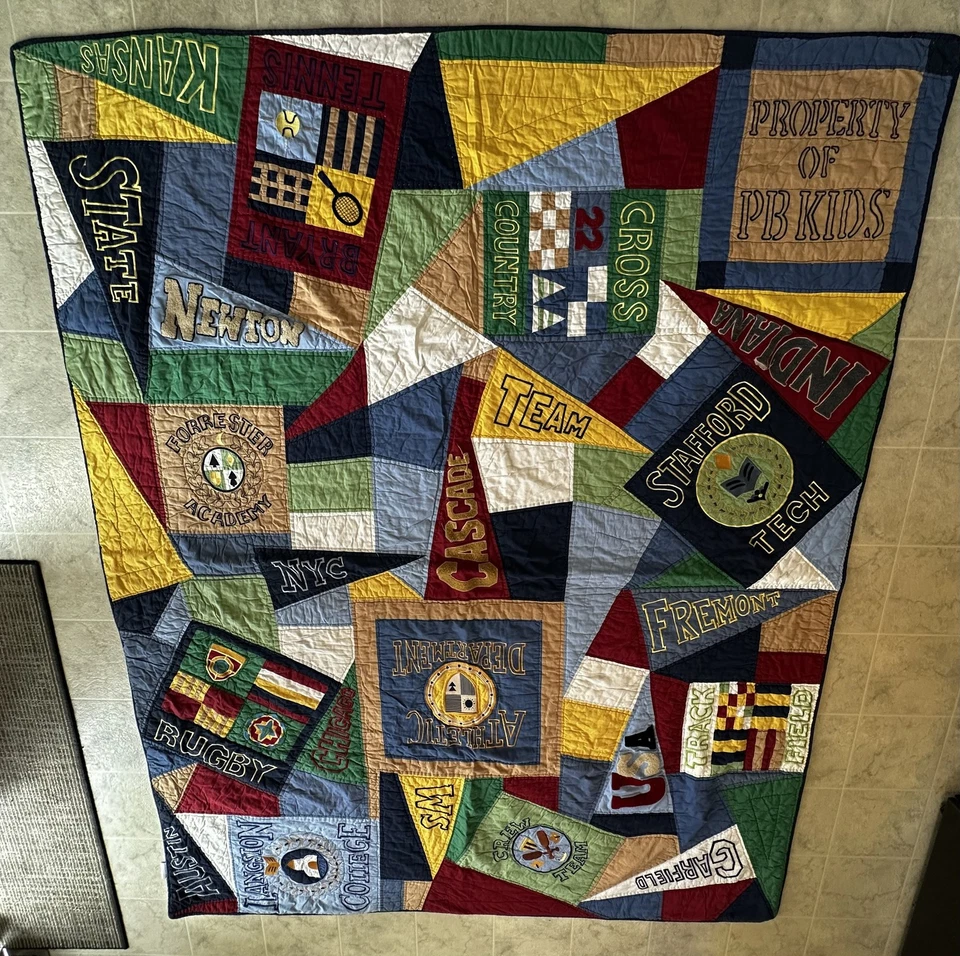 Pottery Barn Kids Quilt Twin patchwork embroidery Collegiate Sports Varsity - Image 2 of 4