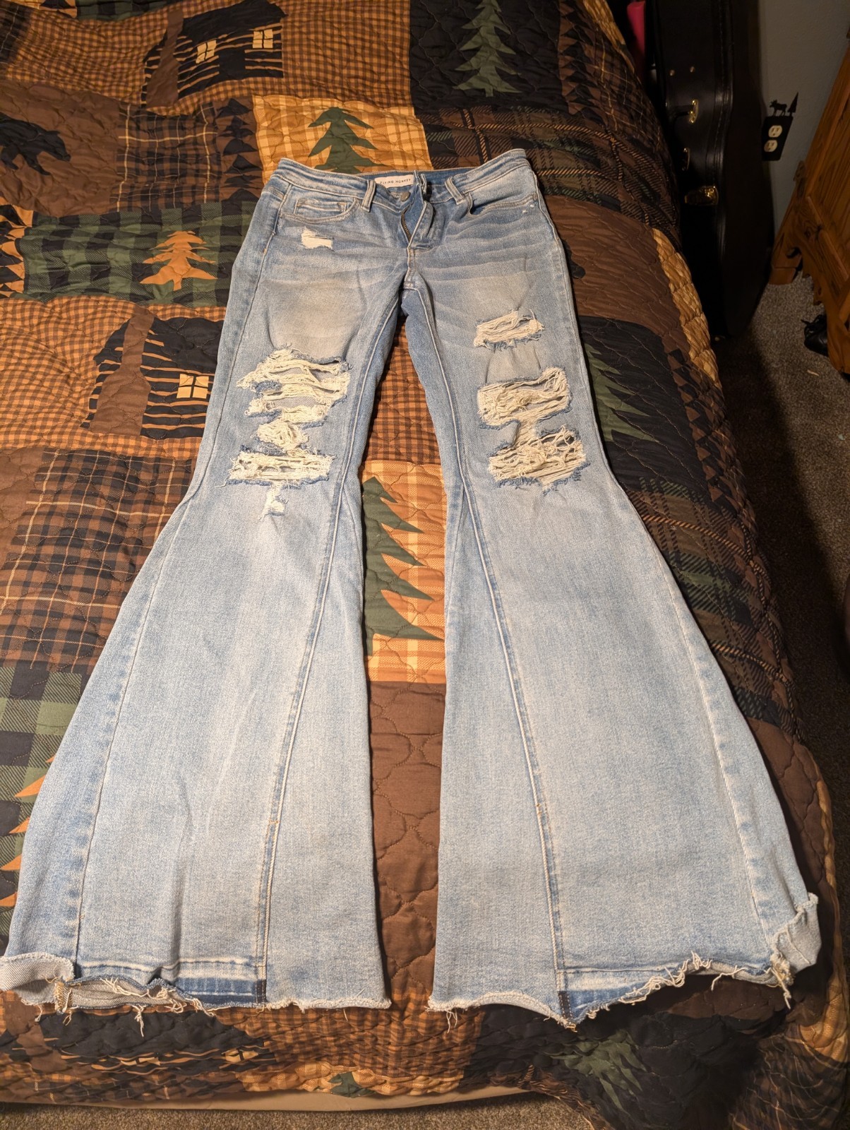 Flying Monkey Distressed Flared Stretch Denim Jea… - image 1