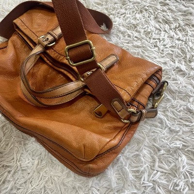 Fossil Explorer XL Orange Leather Fold Over Crossbody Hobo Tote
