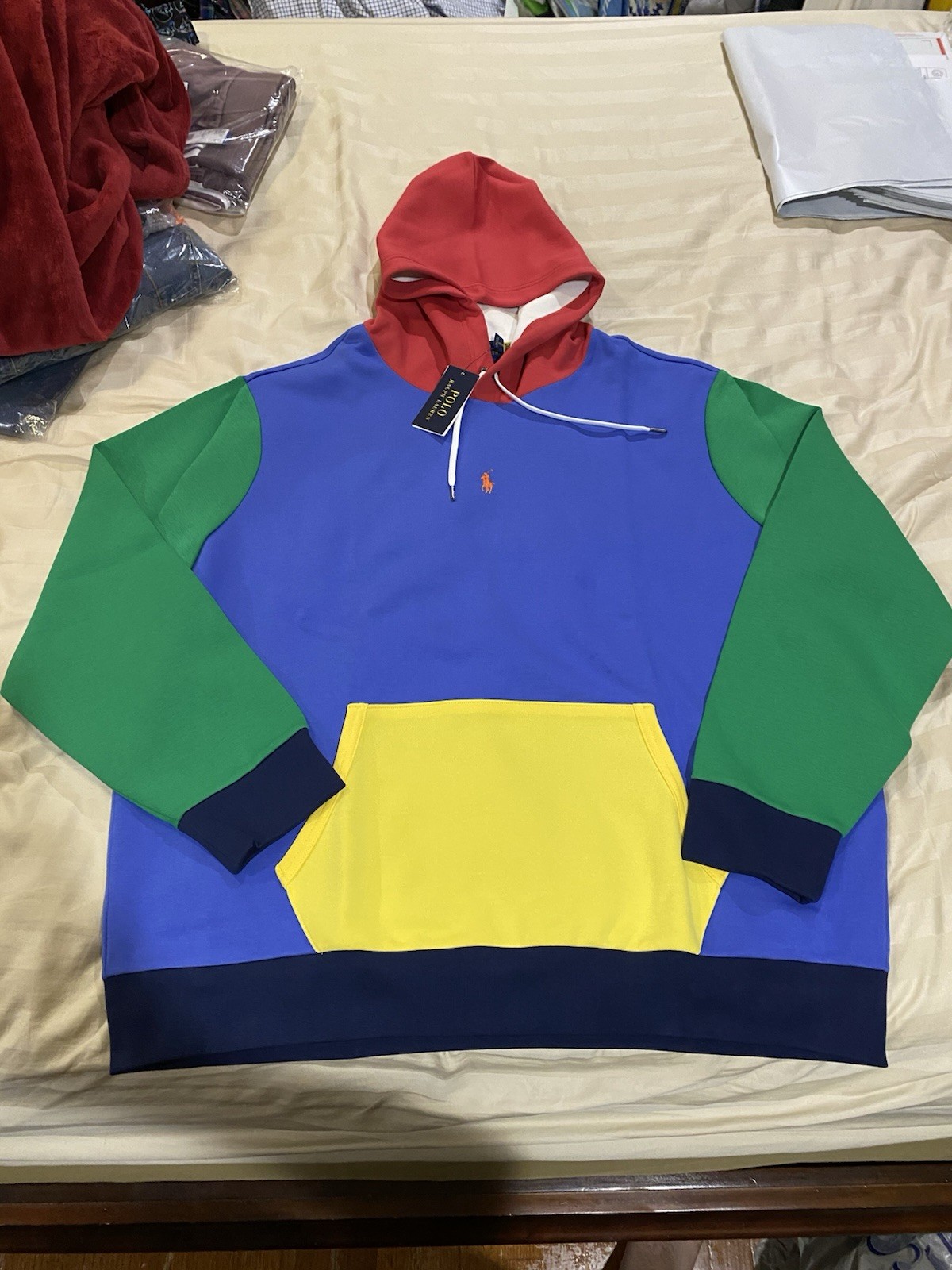 NWT Polo Ralph Lauren Men's Color-blocked Double Knit Pullover Hoodie Hoody L