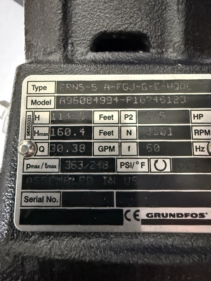 Grundfos Vertical Centrifugal Pump CRN5-5 (208-230/460) 30GPM W/ Manual - Image 3 of 4