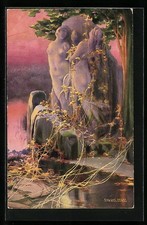 Cartolina artistica firmata Enrique Serra: gruppo scultoreo sotto un albero sul lago 