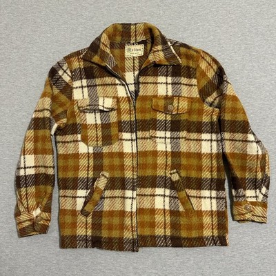 Vintage Melton Outerwear Golden Brown Plaid Wool Full Zip Jacket