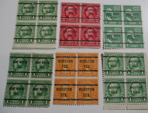 Precancel (6) DIFF "BUREAU PRECANCEL Sc#Un/Ckd BLÖCKE von 4 allen MIXED TX,CITIES"