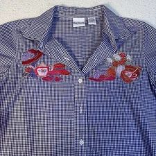 Bon Worth Gingham Plaid Red Hat Ladies Short Sleeve Button Up Blouse Petite XS