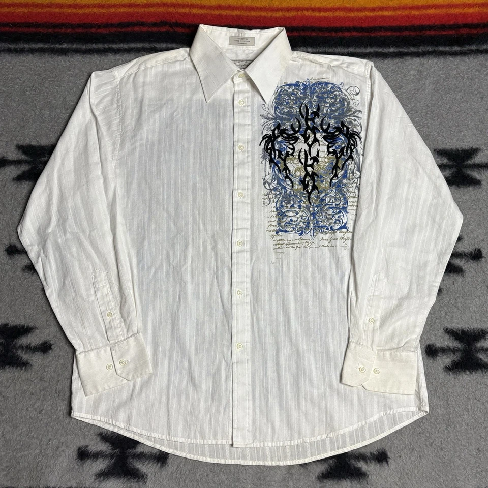 Sz L- Y2K-style Eighty Eight tribal print long sleeve shirt men’s white grunge - Image 2 of 4